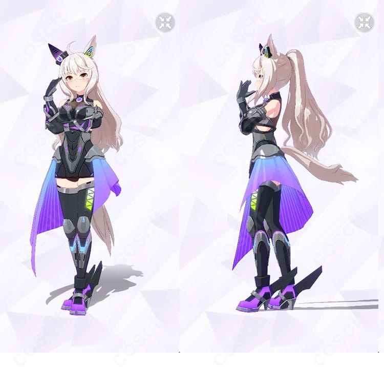 ビワハヤヒデ Engineered Victory 勝負服の正面と左側面。高発色ツイルのハリ感と端正なシルエットを強調したコスプレ衣装