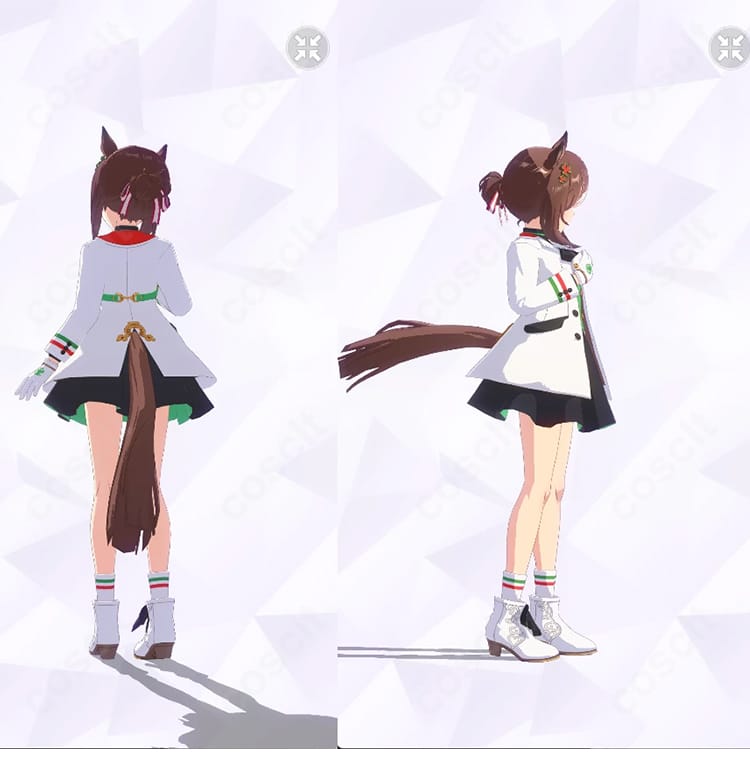ウマ娘 プリティーダービー ファインモーション Noble Seamair 勝負服コスプレ衣装の背面・右側。背面ラインとスカートの広がり、着脱しやすい開閉部の位置が分かる画像。