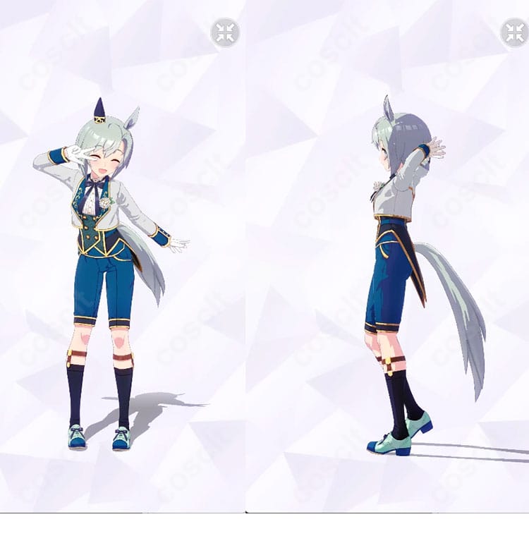 セイウンスカイ 勝負服「ソワレ・ド・シャトン」コスプレの正面と左側。コートとリボン、コルセットベルト、ショートパンツ、ソックスガーターの造形が分かる商品画像