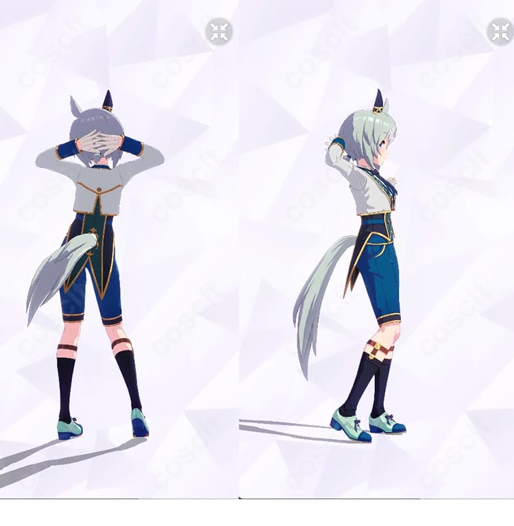 セイウンスカイ 勝負服「ソワレ・ド・シャトン」コスプレの背面と右側。コート背面のシルエットやベルト位置、手袋・ソックスのディテールが分かる商品画像