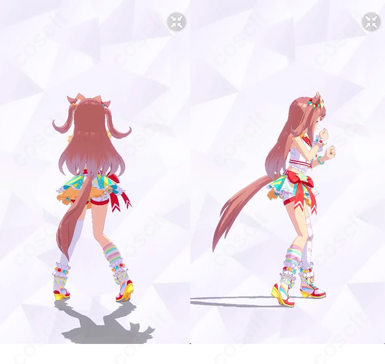 アグネスデジタル勝負服の背面と右側面。腰飾りやレッグカバー、足首飾りの配置がわかるディテール重視のカット。