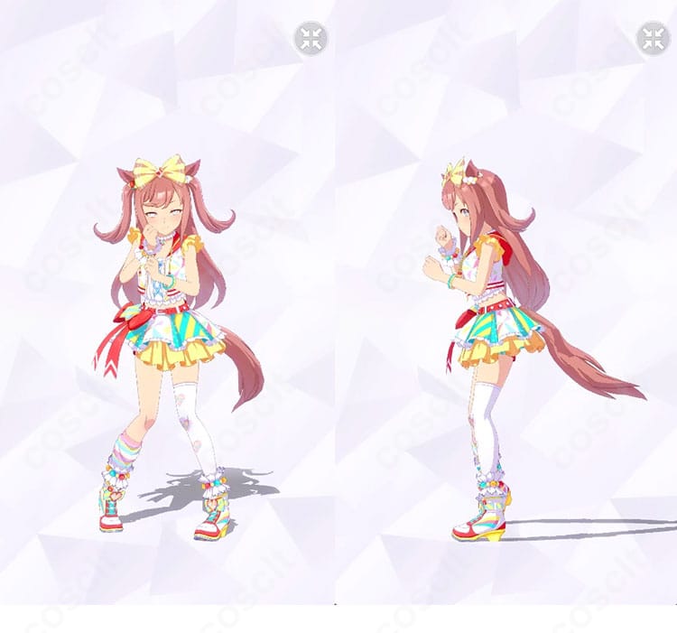 アグネスデジタル勝負服の正面と左側面。トップスとスカート、髪飾り・ネックレス・ベルト・腰飾りまで再現したコスプレ全体像。