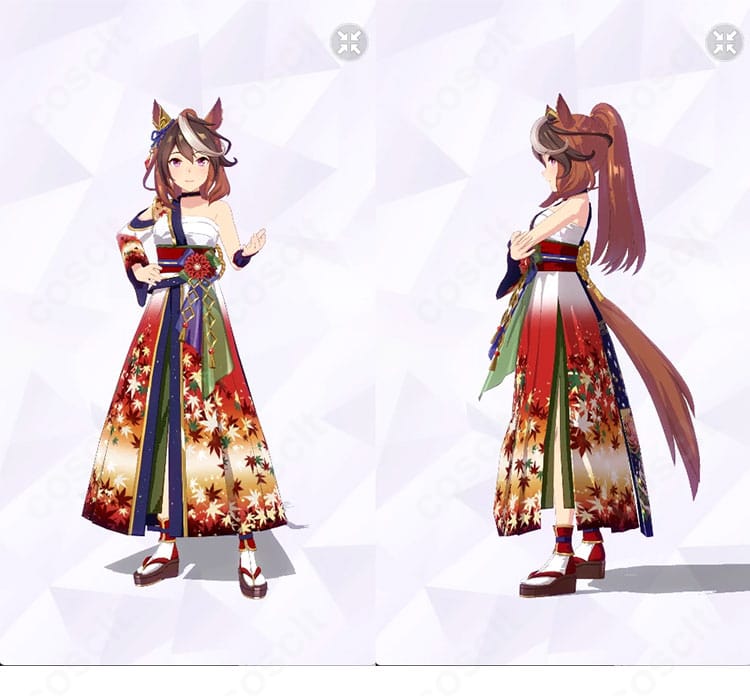 シンボリルドルフ 皓月の弓取り 勝負服コスプレ衣装の正面と左側ディテール。ハリ感あるトップスとコルセットベルト、足首飾りまで再現。