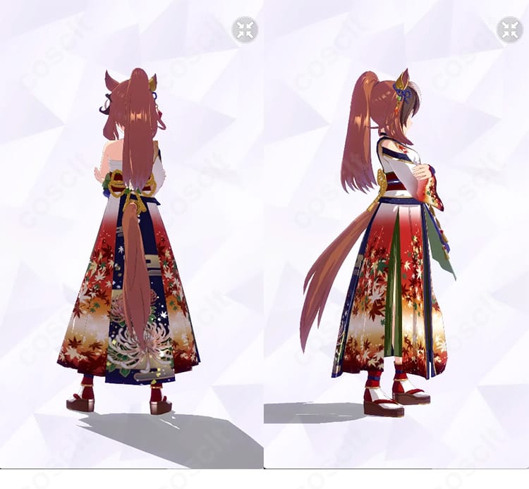 シンボリルドルフ 皓月の弓取り 勝負服コスプレ衣装の背面と右側ディテール。スカートのシルエットと着崩れを防ぐ設計、包帯・ショートパンツの構成が分かる角度。