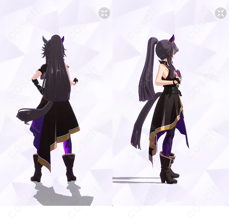 ナリタブライアン［餓狼］勝負服コスプレの背面と右側。背面ファスナー構造、腰布の流れ、腕ベルトとレギンスの切替ラインを確認できる角度。