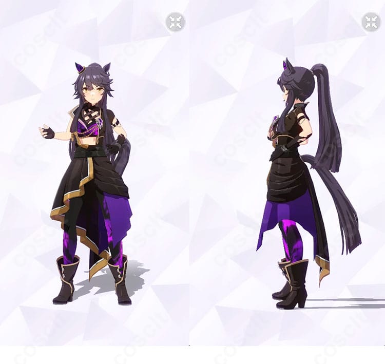 ナリタブライアン［餓狼］勝負服コスプレの正面と左側。ビスチェとコルセットの立体感、ハリのある表地と胸飾りの位置が分かる全身カット。