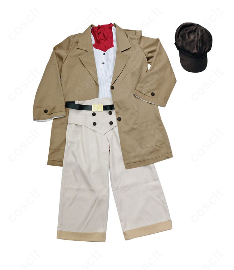 荒槇ヤクモ衣装の装飾ディテール接写。コートのパネル切替と縁取り、ベルト金具の質感を強調。