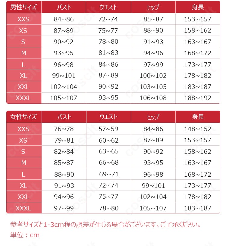 サイズ表と採寸ガイド(XS〜XL・オーダーメイド対応)の案内図
