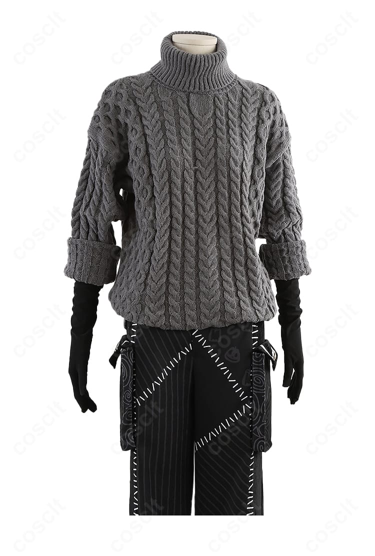 セーター前身頃の編地と胸元のディテール接写