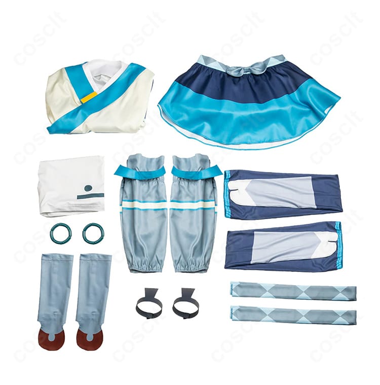 セット内容一式（トップス、スカート、ショートパンツ、アームカバー、手首飾り、靴下、レッグカバー、髪飾り）のレイアウト