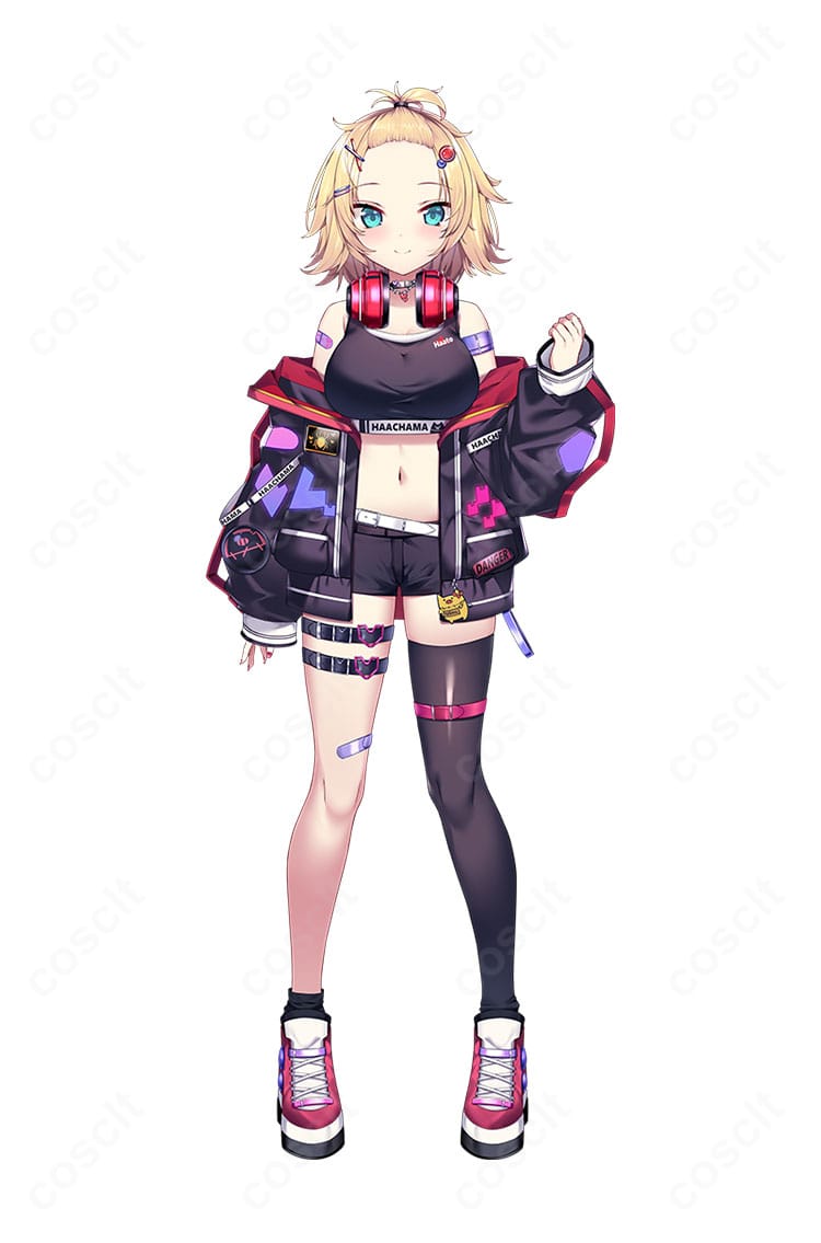 ホロライブ 赤井はあと（はあちゃま）ちゃまお衣装の全身コーディネート例。コートとビスチェ、ショートパンツのシルエットが分かる商品人物画像