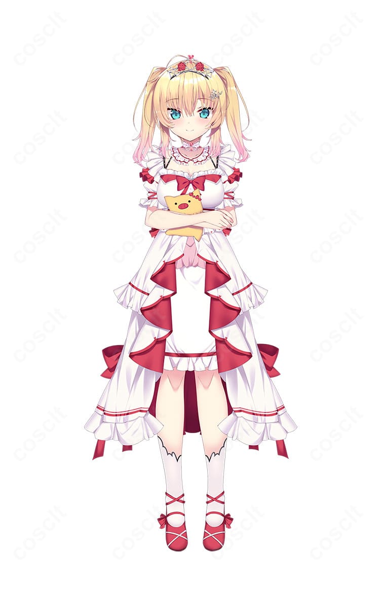 ホロライブ 赤井はあと ドレス衣装を着用したモデルの全身画像。高コントラスト配色と可愛いシルエットを再現。