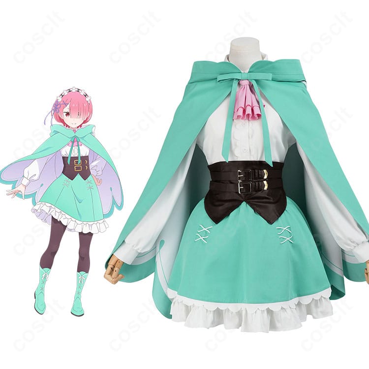 レムのコスプレ衣装一式とキャラクタービジュアルの組み合わせ画像（マント・スカート・アクセ含む）