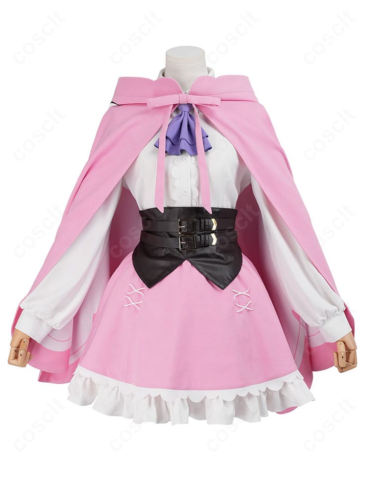 ラム メイド風コスプレ衣装の正面全体。マント・シャツ・スカート・コルセットベルトのシルエット