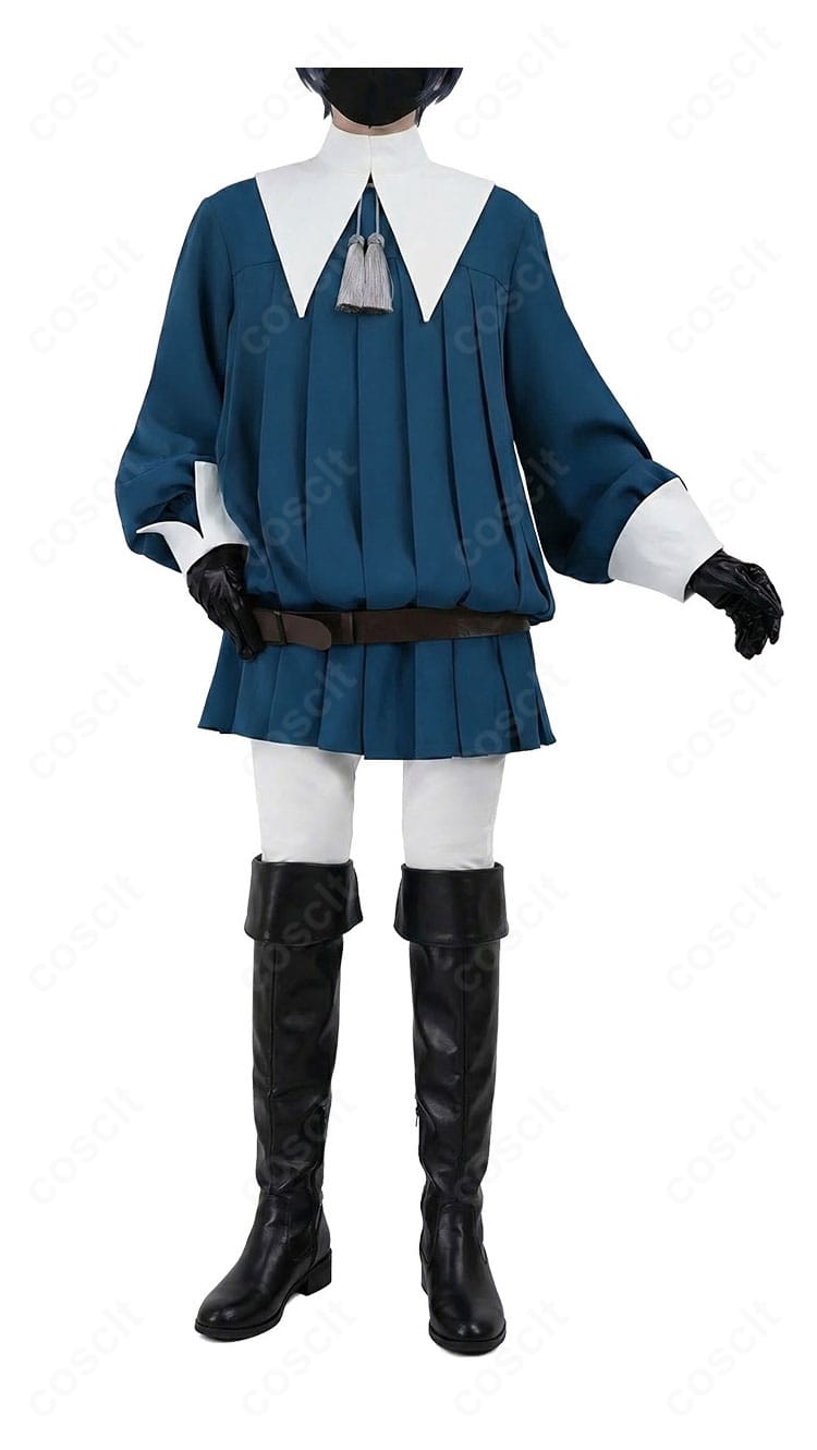 黒執事 シエル・ファントムハイヴ コスプレ衣装の正面全体像。つけ襟とワンピース、眼帯・手袋・ベルトを着用したフルコーデ。