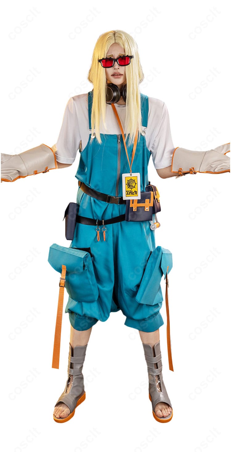 オーガスト・スティルザ衣装の正面着用例（トップス＋オーバーオール＋ベルト）