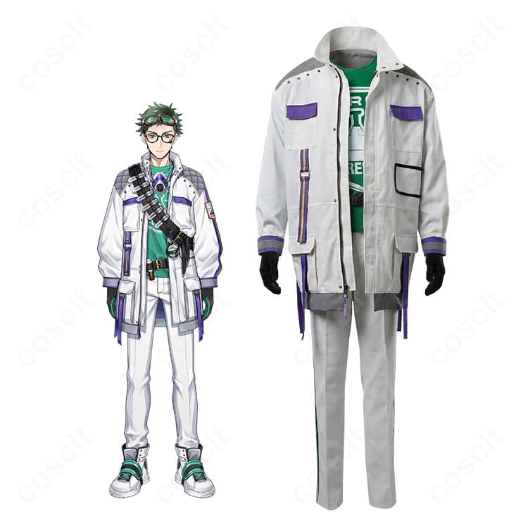 トレイ・クローバーのクラブ・ウェアを着用した全身イメージ。コートとストラップの配置が分かるモデル着用画像。