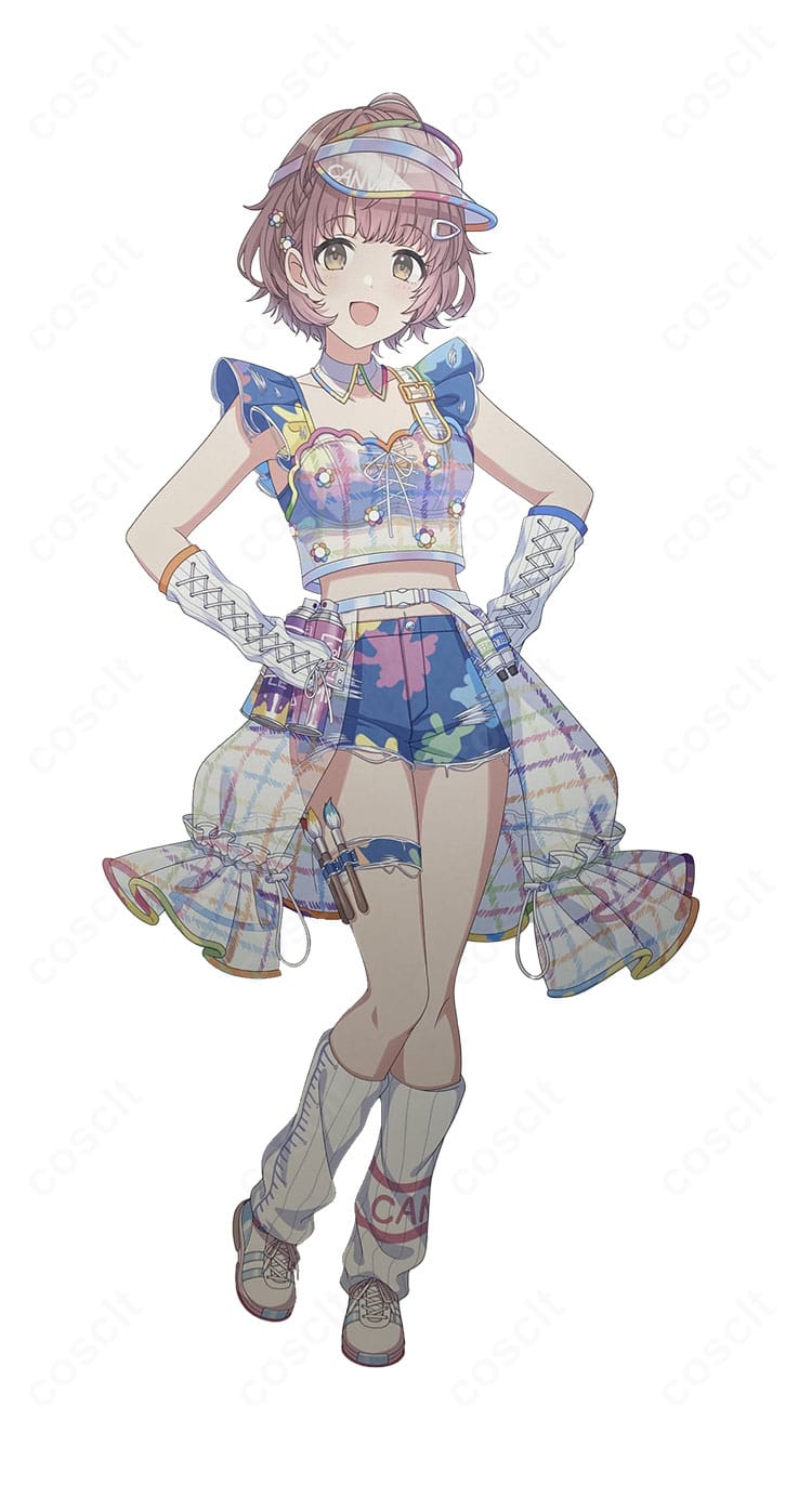 学園アイドルマスター 郁田はるき コスプレ衣装一式の正面全身カット（トップス・オーバースカート・ショートパンツ・小物付き）