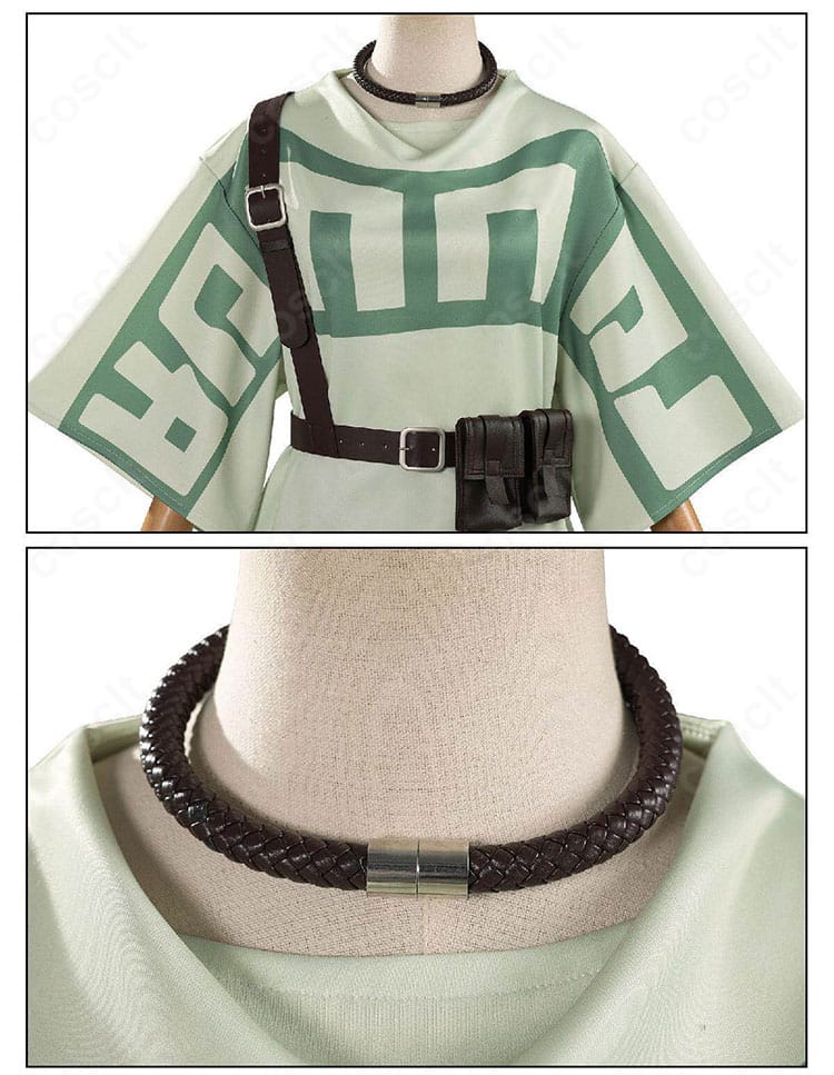 襟元とチョーカーのディテール。首周りの装飾と縫製ラインをクローズアップ。