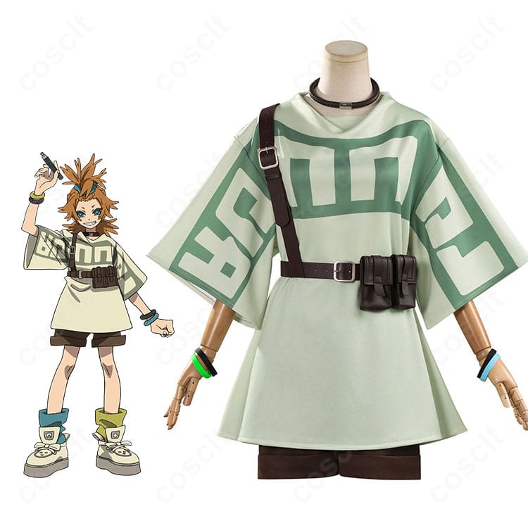 ガチアクタ レムリンのコスプレ衣装着用イメージ。サイバー感のあるトップスとショートパンツの全身コーデ。