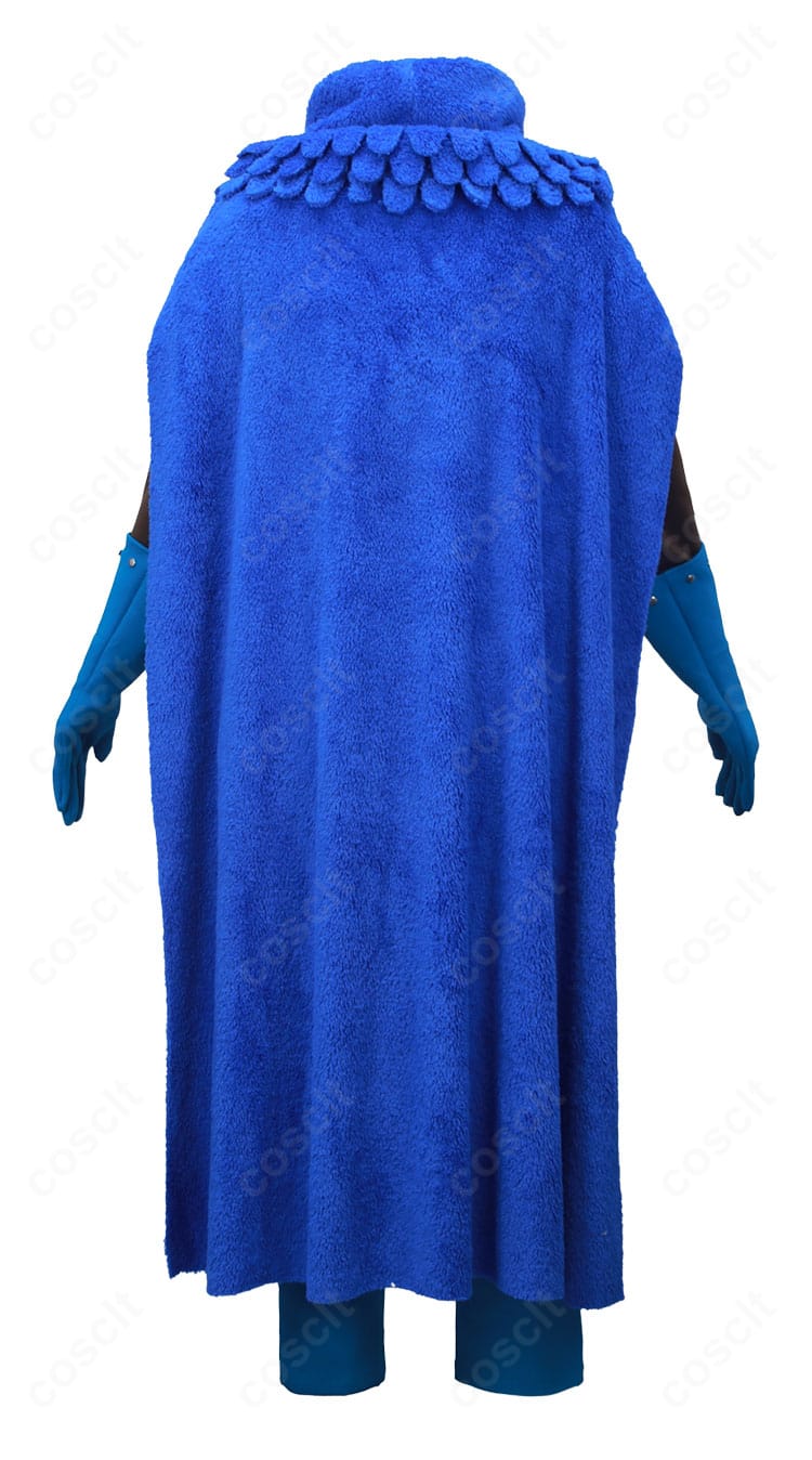 背面マントの毛足とドレープ、留め具のディテール