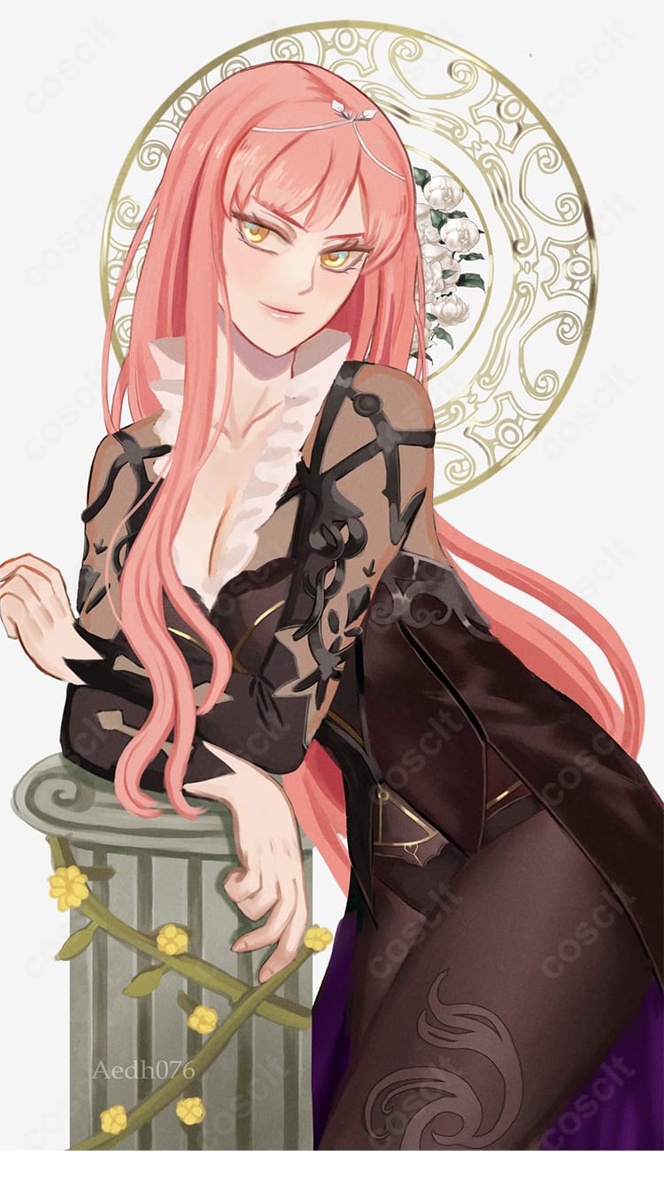 ノクナレア衣装の側面ディテール。スカートのラインと装飾の質感が分かる接写