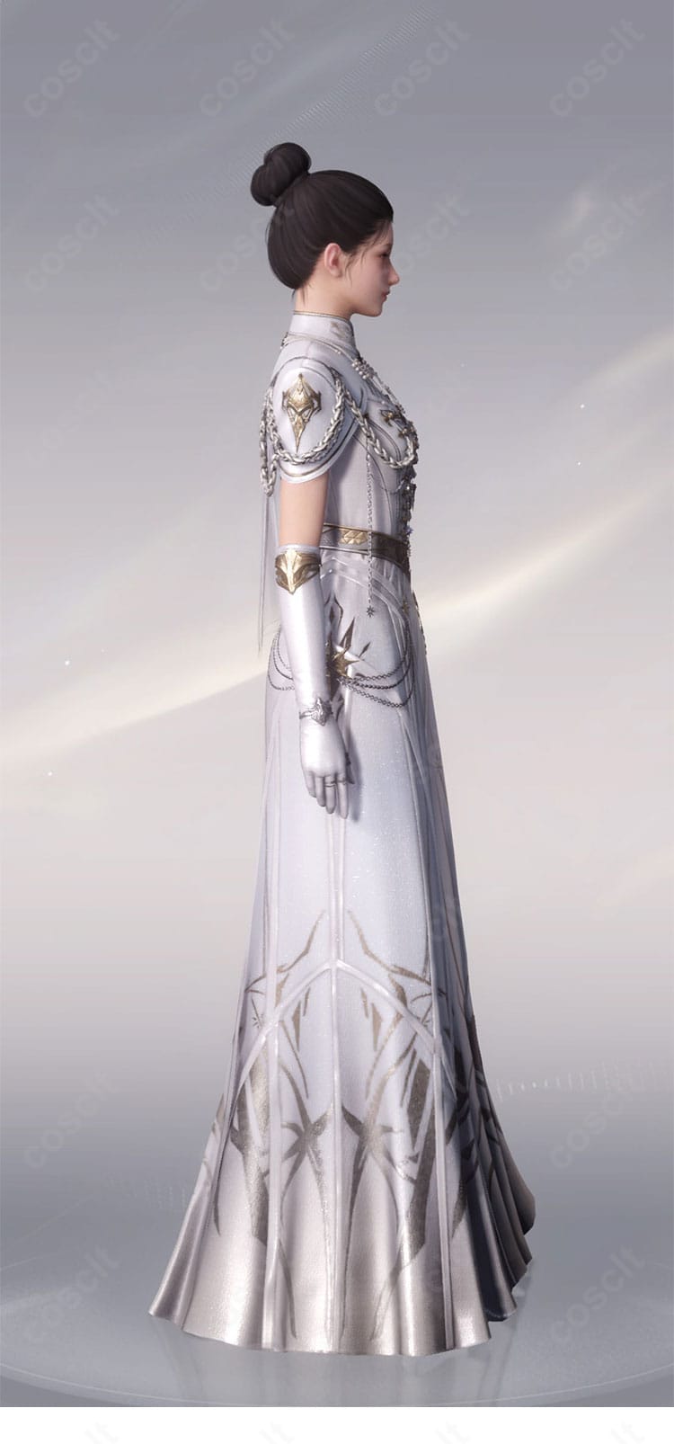 恋と深空 主人公 銀河の讃歌 ホワイトドレスの側面シルエット。ハイウエストとドレープが美しく流れるラインを強調。