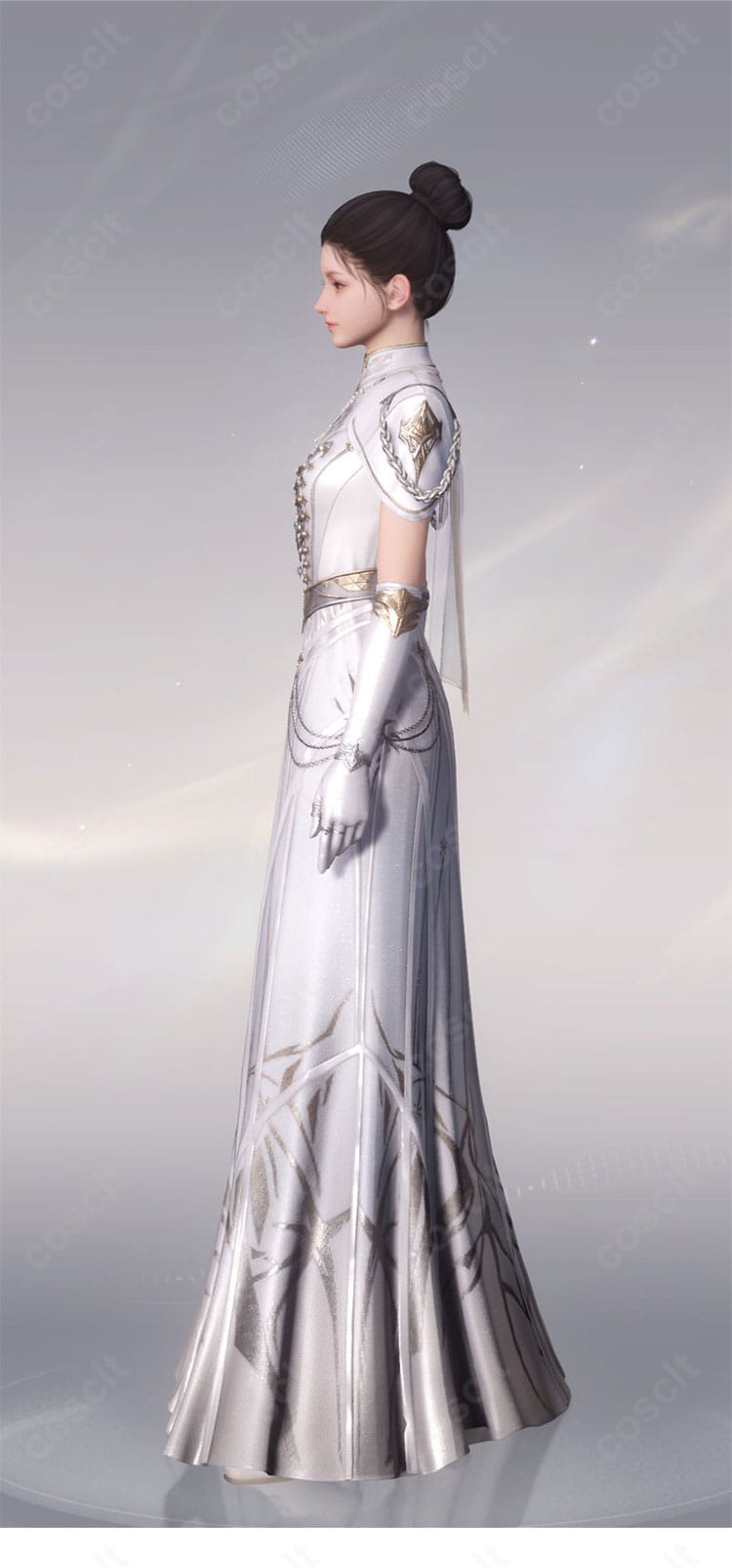 恋と深空 主人公 銀河の讃歌 コスプレ 白ドレスの別角度全体像。装飾ディテールと発色の良さが伝わるビジュアル。