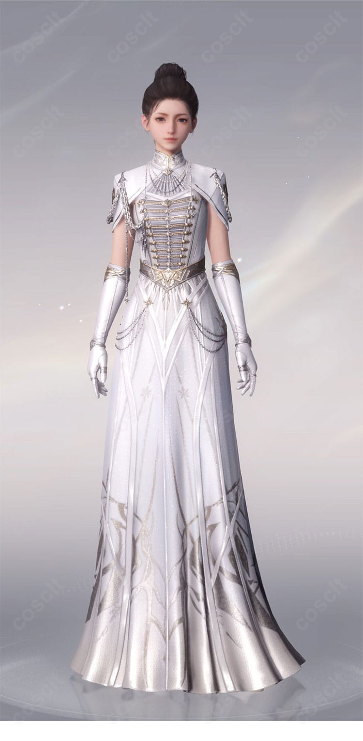 恋と深空 主人公 銀河の讃歌 ホワイトドレス コスプレ衣装の正面全身カット。白の光沢と星モチーフ装飾が上品に映えるデザイン。