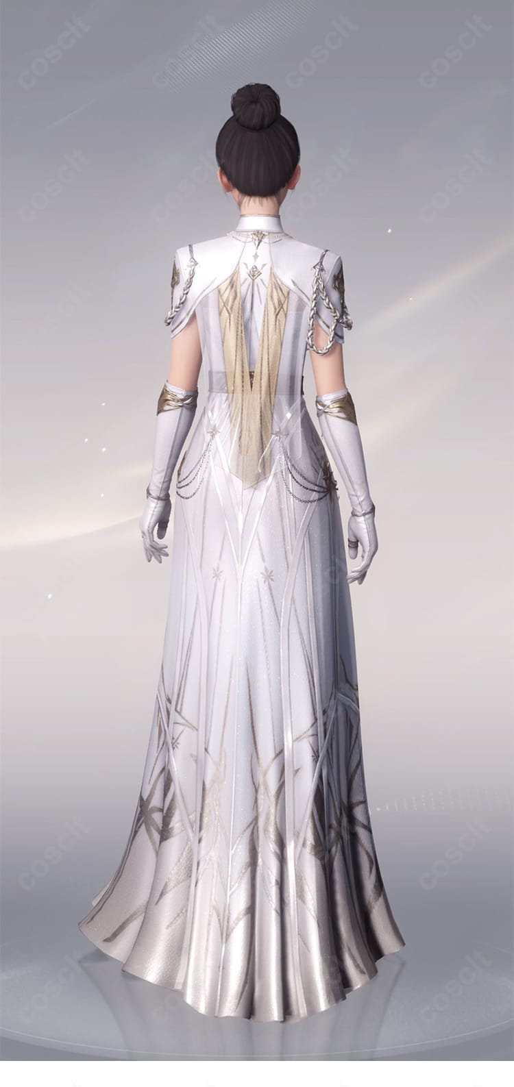 恋と深空 主人公 銀河の讃歌 白ドレスのスカートレイヤーと質感が分かる近景。軽量生地の揺れ感が撮影映え。