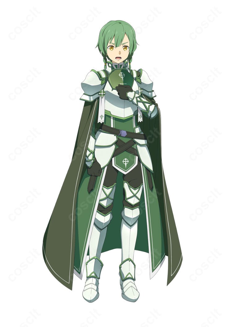 レンリ・シンセシス・トゥエニセブンの整合騎士衣装一式を正面から撮影。上着・ズボン・マントと肩胸腕脛腰の鎧パーツ、ベルトとアクセサリーのフルセット構成。