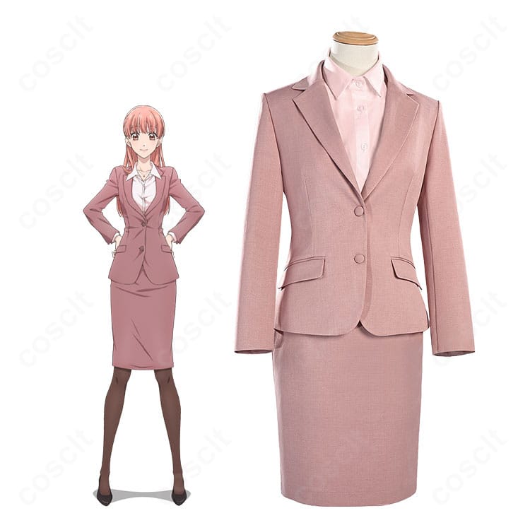 桃瀬成海のピンクスーツ衣装を着用した全身イメージ。ジャケットとスカートの上品なシルエットが分かるカット