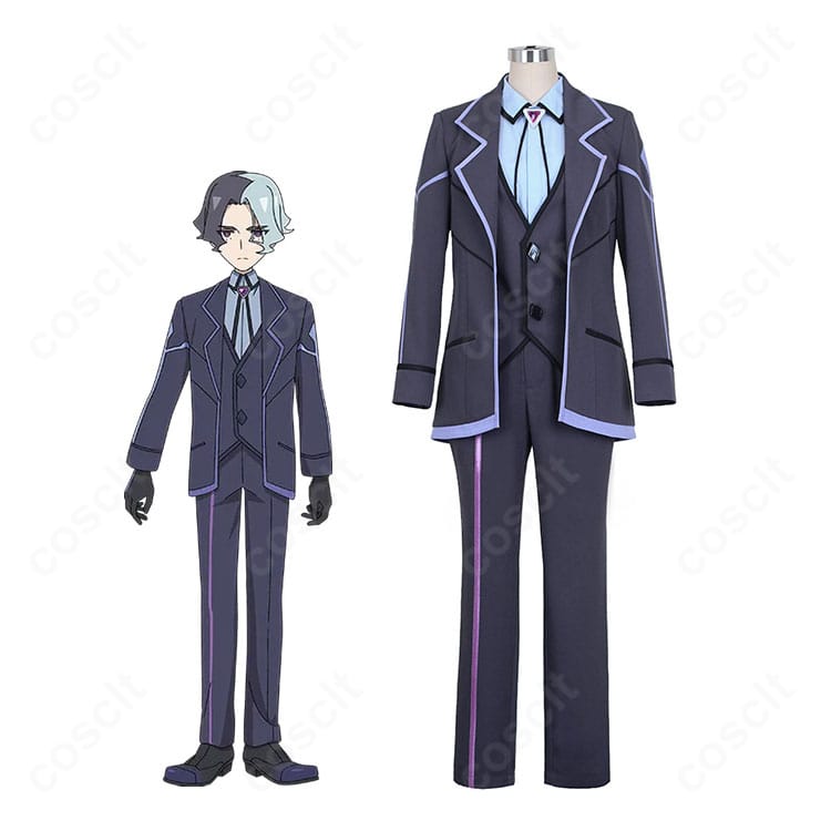 アメジオのフルセット着用イメージ。黒コートと紫差し色のクールな通常衣装