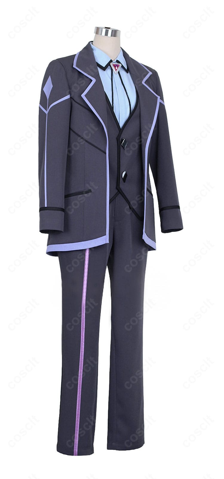 アメジオ衣装の側面シルエット。ロングコートのラインと肩の落ち感を確認