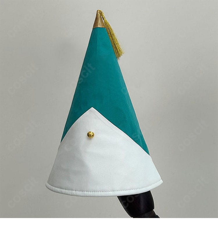 先の尖った帽子と装飾の形状が分かる帽子ディテール写真