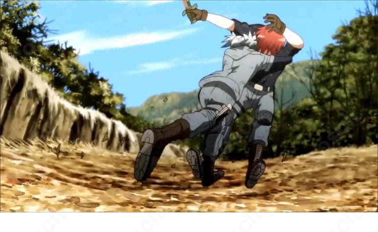 暗殺教室の訓練シーンを意識したポージングの雰囲気カット。可動域を活かした超体育着の動きやすさを表現