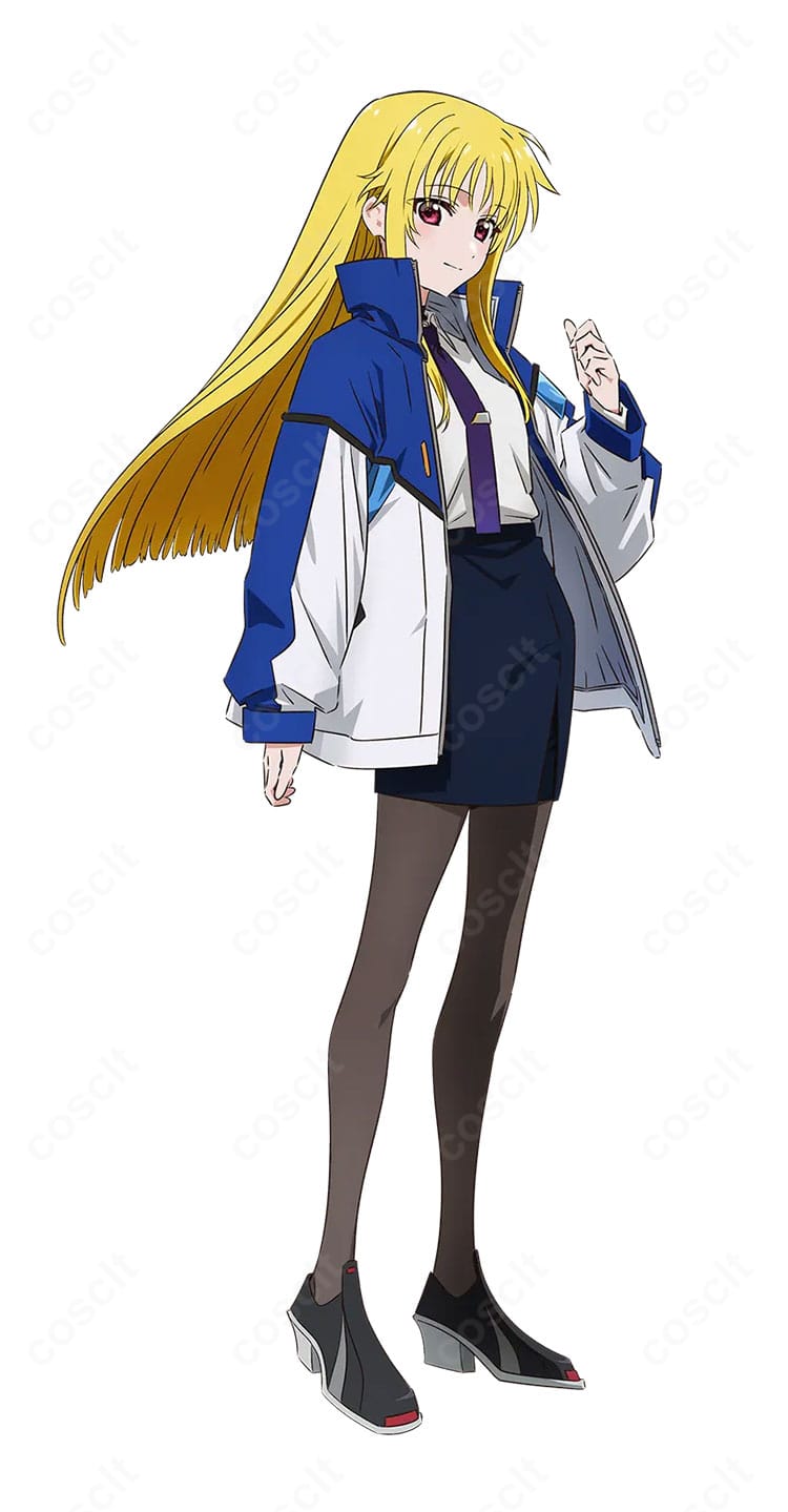 フェイト・T・ハラオウン風 制服コートセットを着用した全身イメージ。コートとスカートのシルエットが分かる正面カット