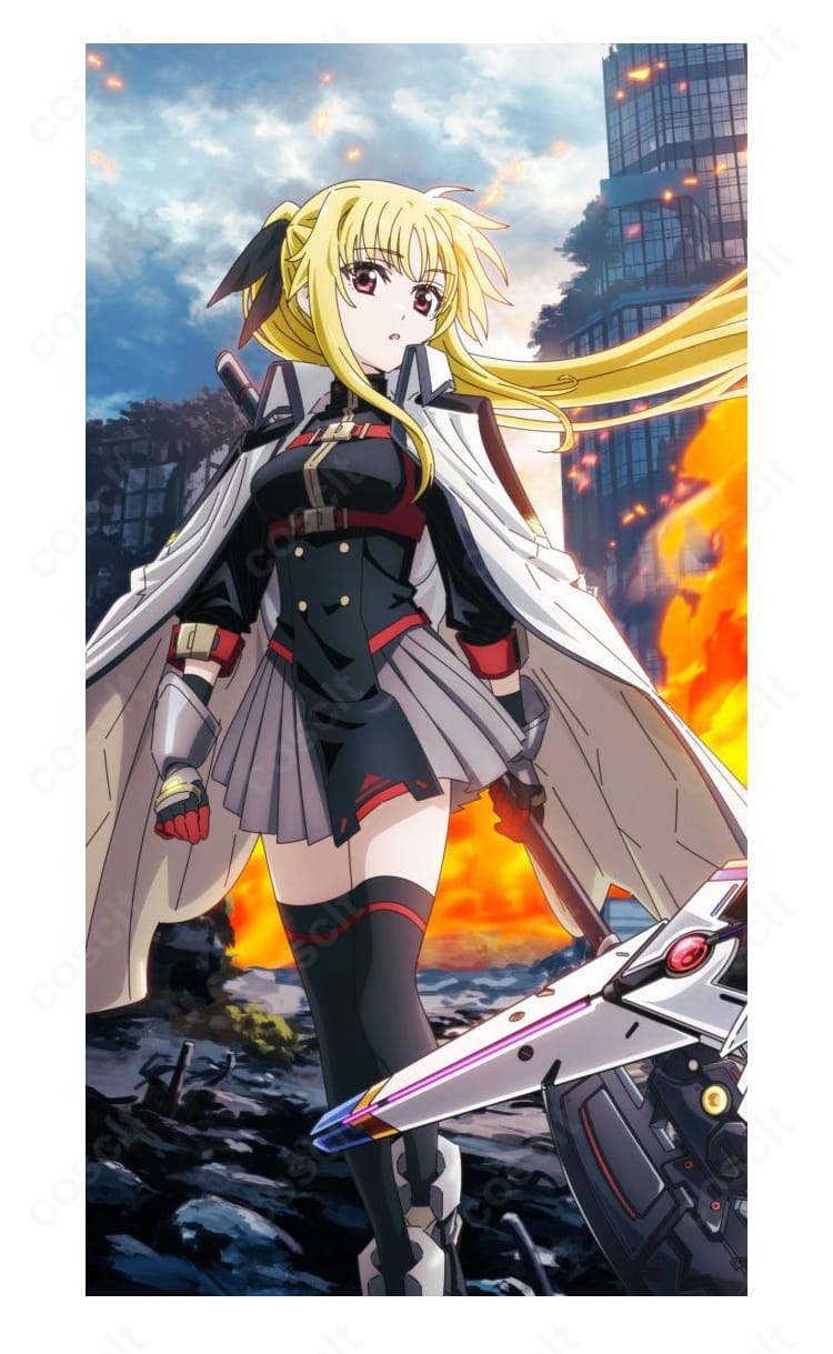 フェイト・テスタロッサのコスプレ衣装一式の正面全体画像。高発色でハリ感のある生地と美しいスカートシルエットが分かる商品写真。