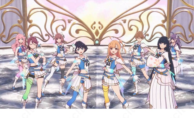 モデルが着用したアイドル風コスプレ衣装の全身イメージカット(高発色×ハリ感シルエット)