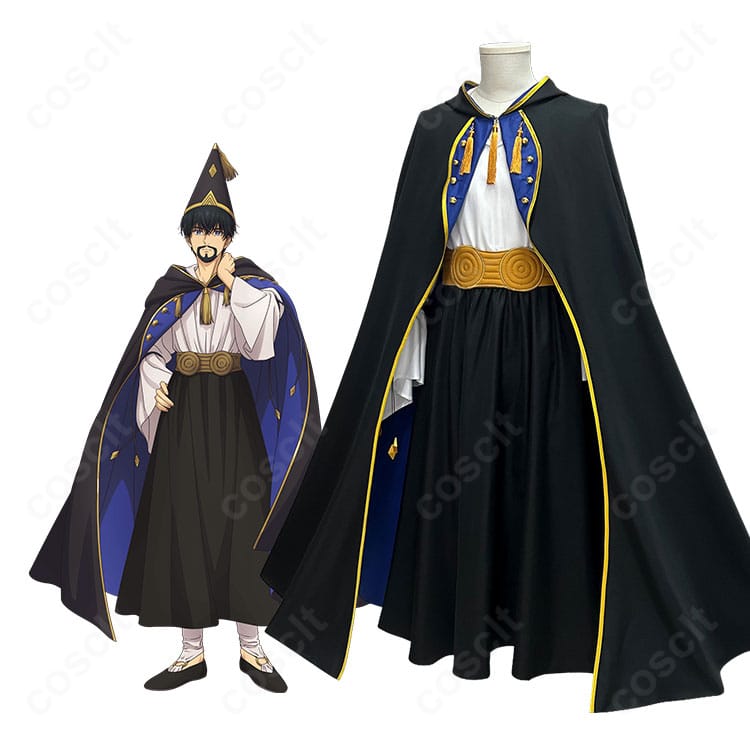 『とんがり帽子のアトリエ』オルーギオをイメージした、帽子とダークカラーのマントを含むコスプレ衣装の着用イメージ