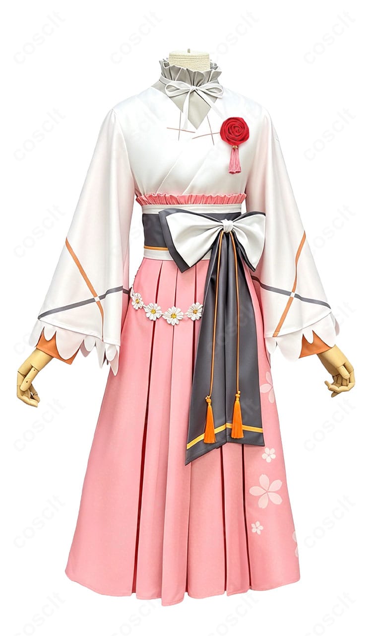 春夏秋冬代行者 春の舞 花葉雛菊コスプレ衣装の正面デザイン、上着・胸飾り・スカートの全体像