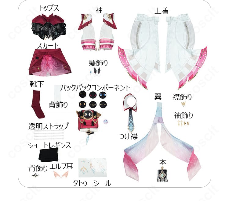 原神コスプレ衣装のセット内容一式。翼、エルフ耳、本、背飾り、アクセサリーを並べた画像