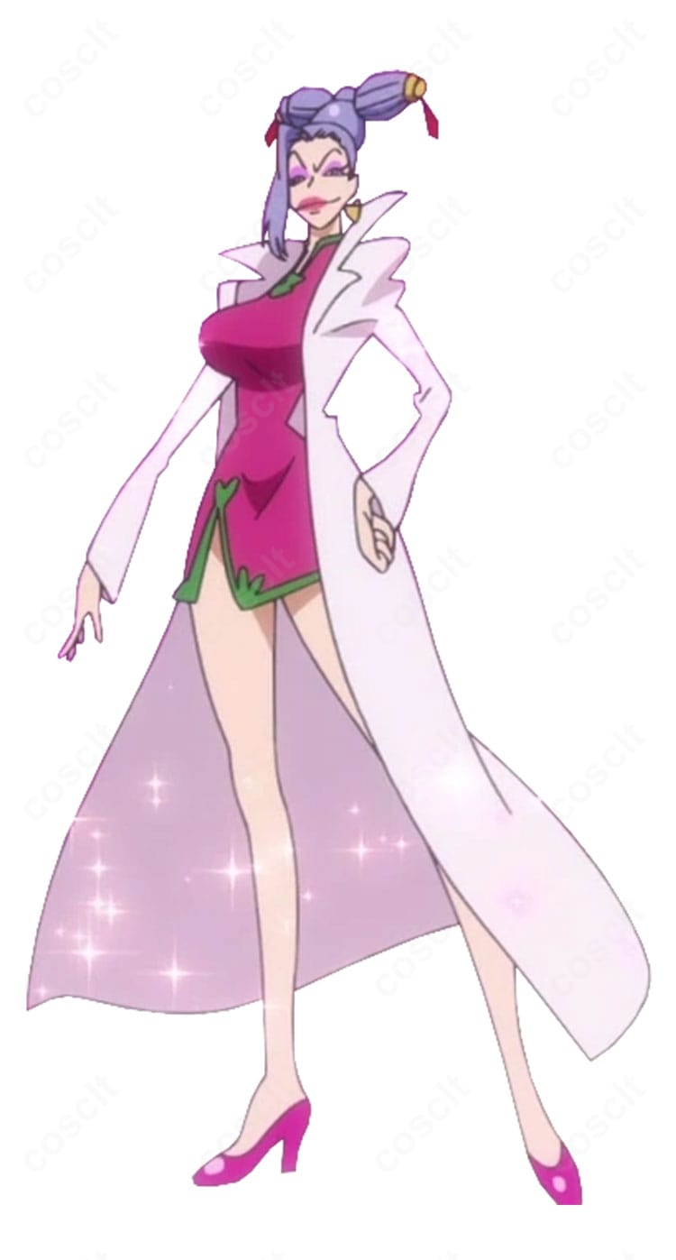 ナイチン（ONE PIECE）の船医衣装を着用した全身イメージ。白衣コートとチャイナ風ワンピースのレイヤードが分かる構図。