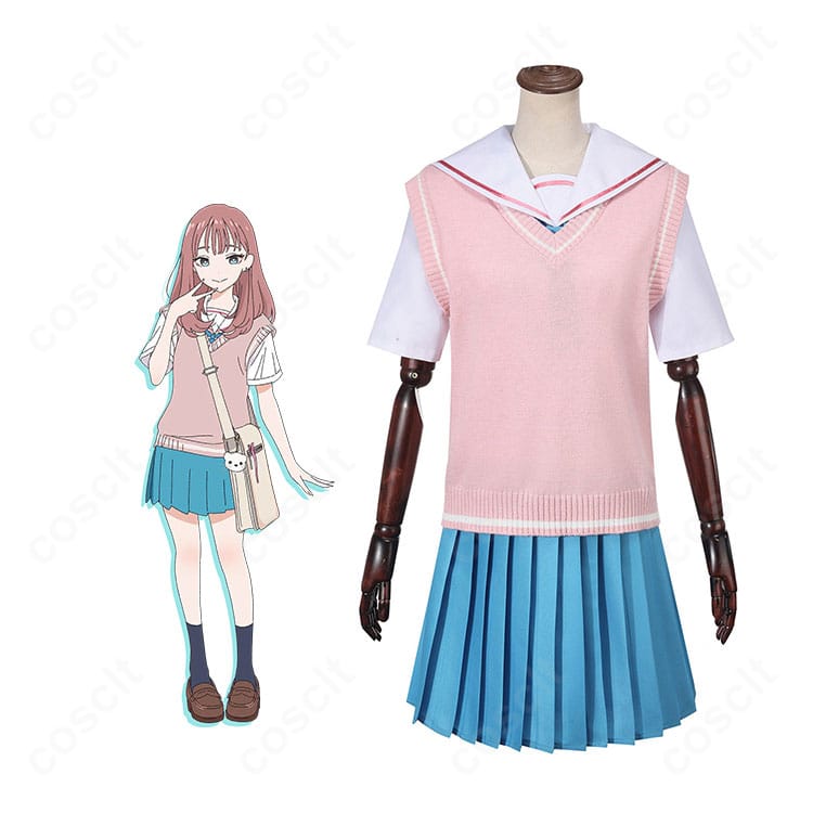 超かぐや姫! 綾紬芦花のピンクベスト制服コスプレ一式を着用した全身イメージ