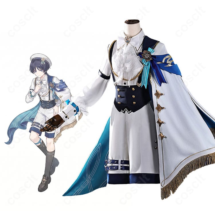 原神 スカラマシュ 璀夜華宴コスプレ一式を着用した全身イメージ。マントと帽子の礼装アレンジが映えるカット。