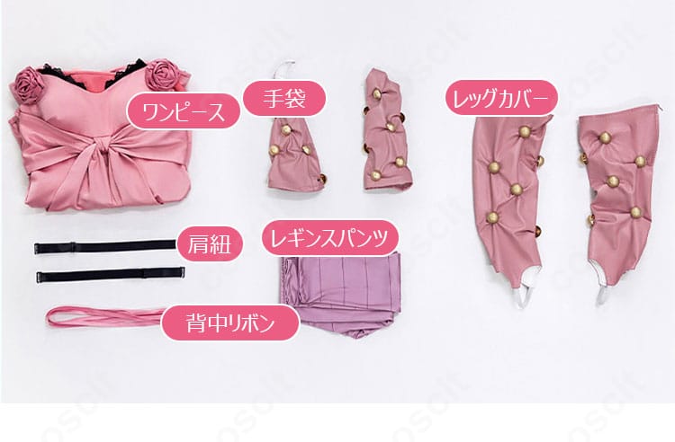 セット内容一式のレイアウト（ワンピース、手袋、レッグカバー、レギンスパンツ、肩紐、背中リボン）