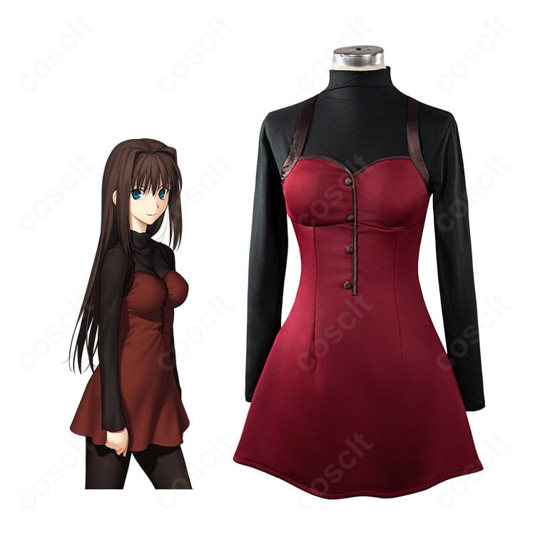 蒼崎青子のコスプレ衣装一式を着用イメージで示した画像。深いブルーのワンピースと黒タイツが上品に映える。