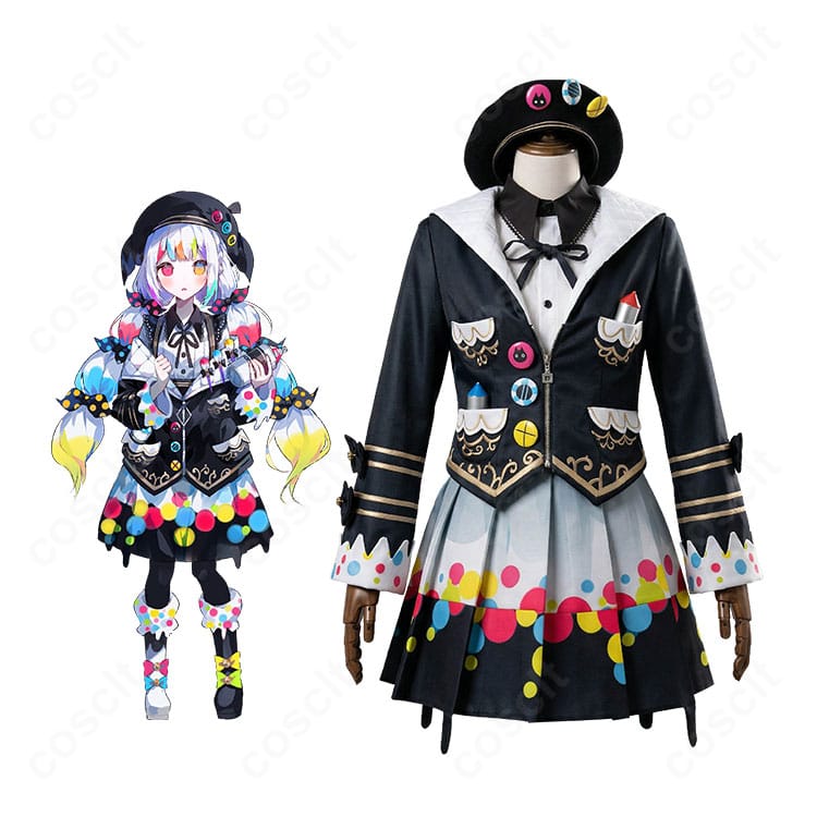 城ケ崎ノアのコスプレ衣装を着用した全身イメージ。高コントラスト配色と小物まで再現したフルセットの雰囲気が分かる画像