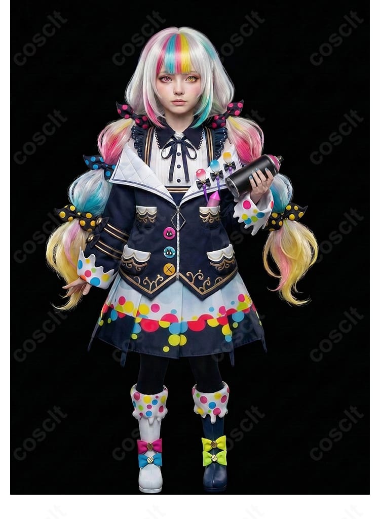 モデルが城ケ崎ノア衣装を着用した正面ポーズ。帽子や襟飾りを含むトータルコーデの着用感を示す写真