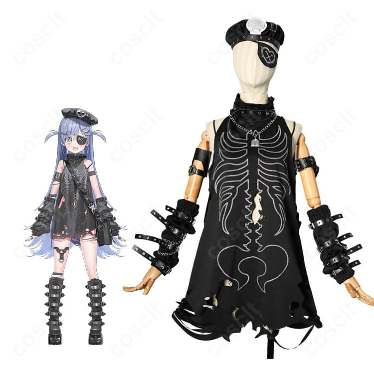 夜乃くろむ 初期衣装の着用イメージ。パンク調ワンピースと眼帯・帽子のフルコーデ全身